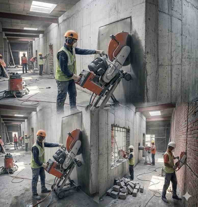 Worker Cutting Reinforced Concrete with Diamond Saw